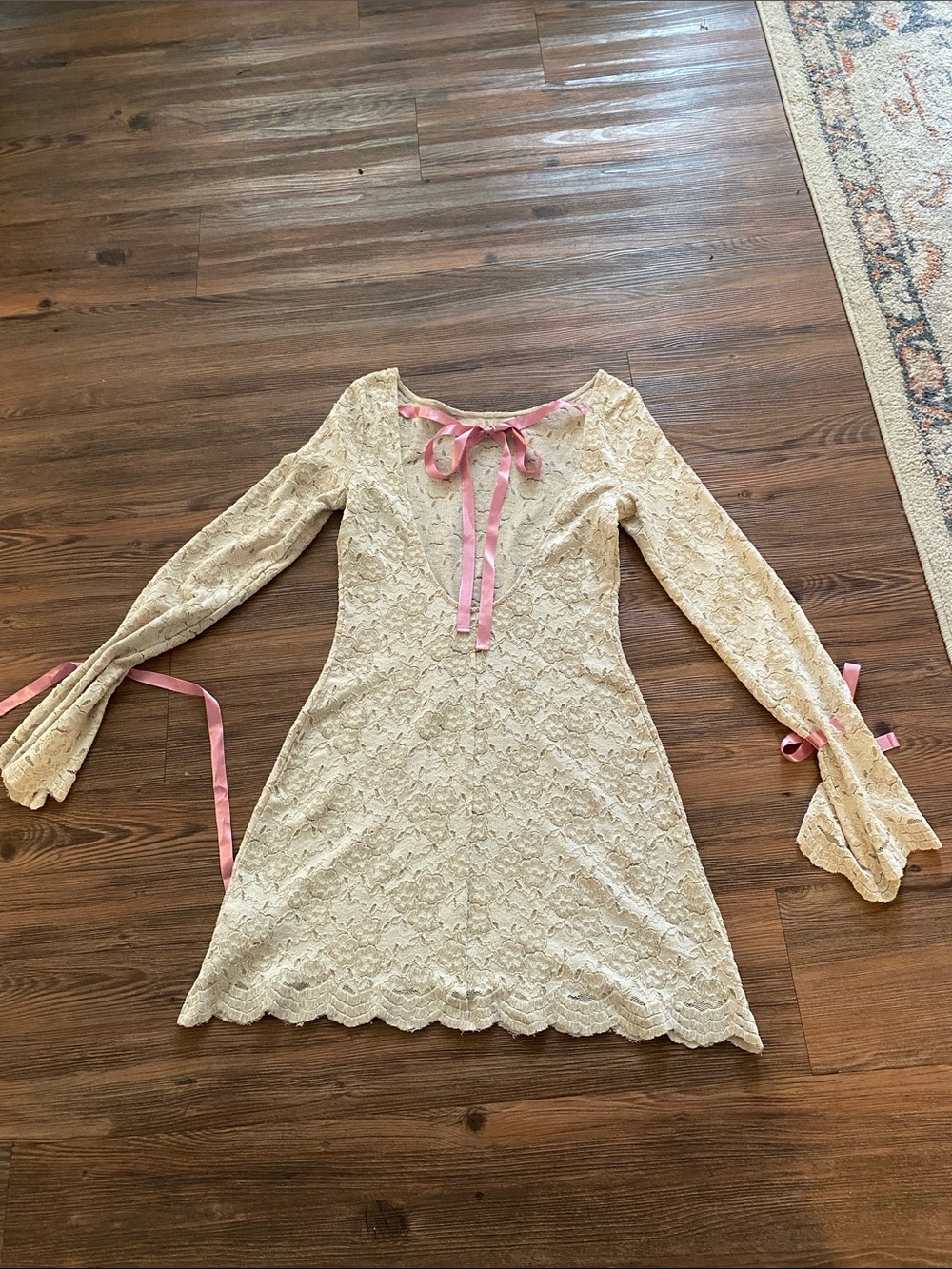 Kimchi Blue Cream Lace Dress with Pink Ribbon Accents